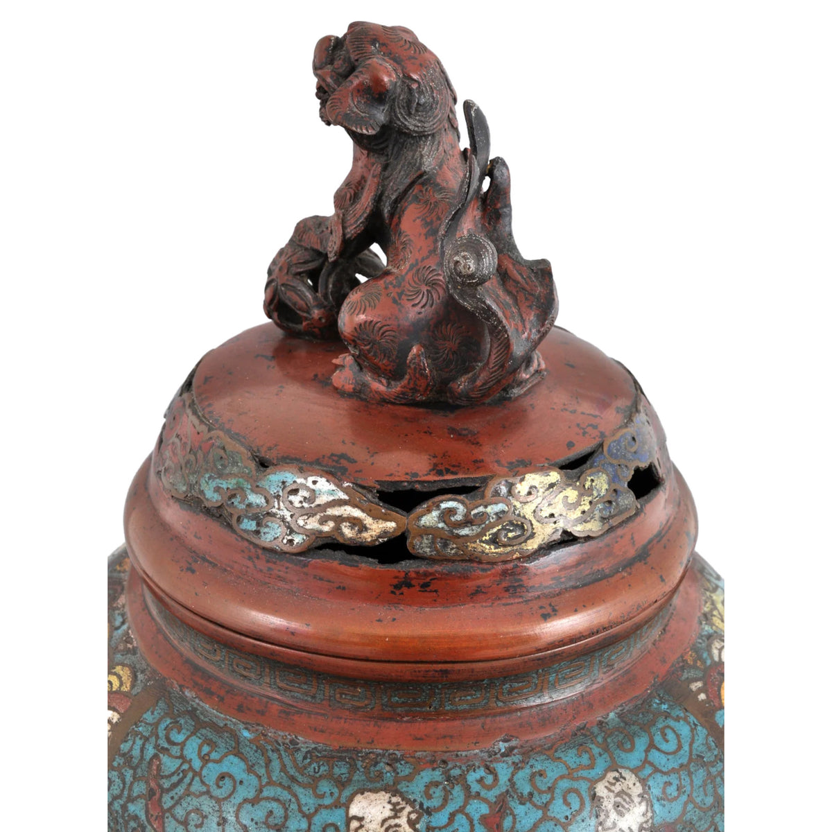 Antique Chinese Qing Dynasty Archaic Style Bronze Enamel Champlevé Censer / Incense Burner, Circa 1880