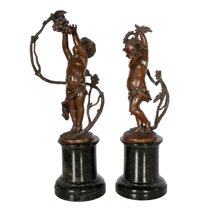 Antique Pair Napoleon III French Bronze Marble Putti Cherubs Wine Grape Bacchus Statues 1860
