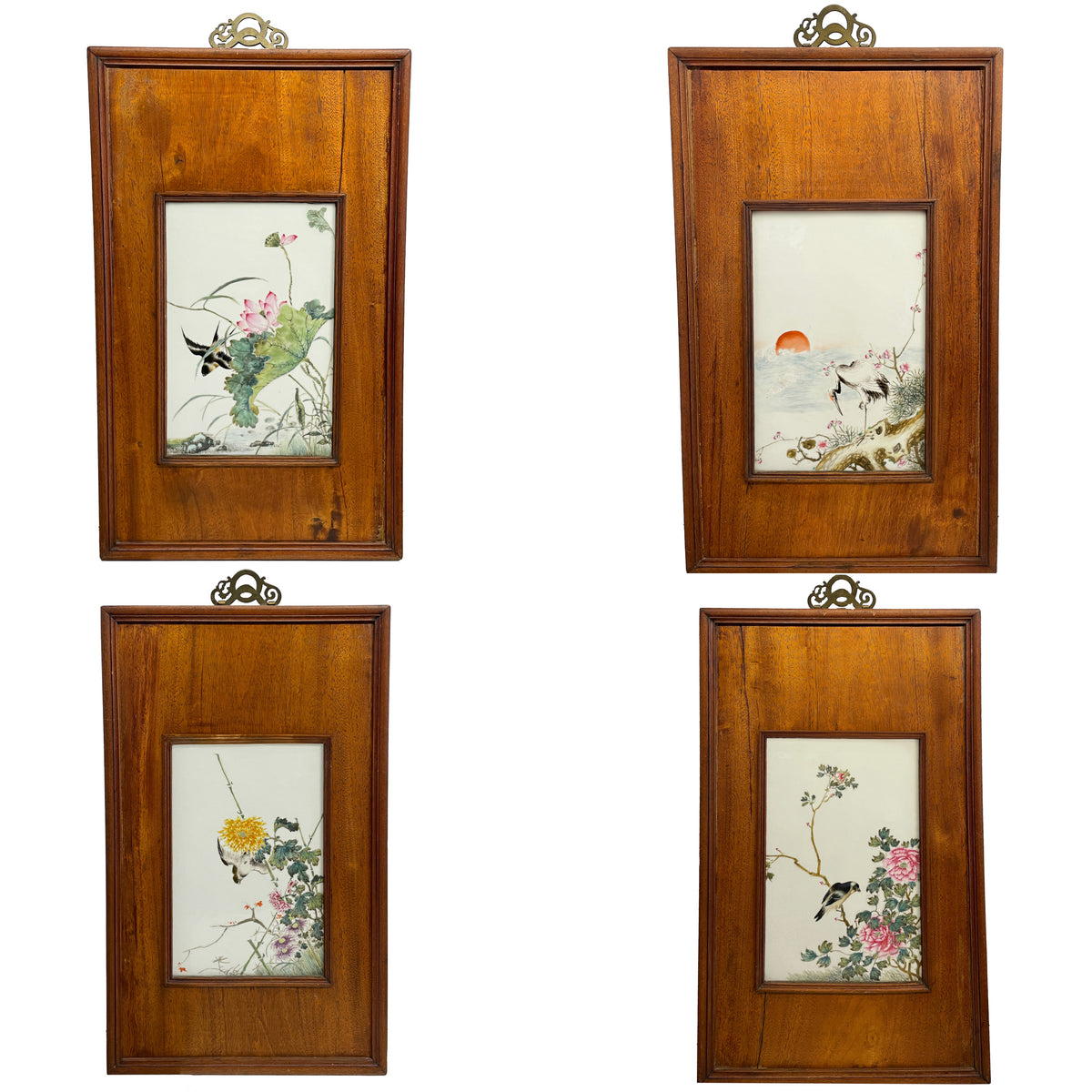 Antique Chinese Qing Set of Four Hand-Painted Porcelain Plaques "4 Seasons" 1890