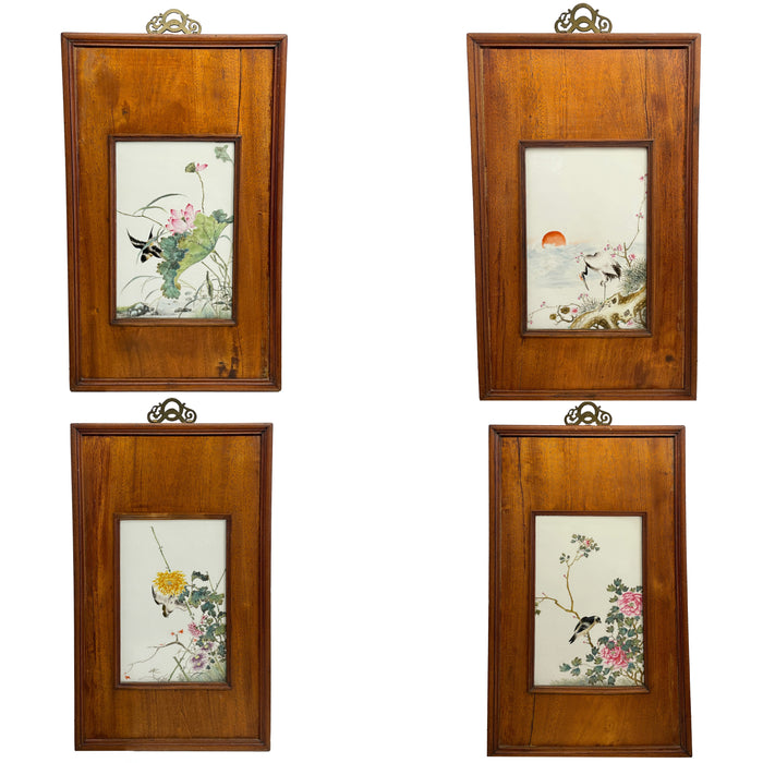Antique Chinese Qing Set of Four Hand-Painted Porcelain Plaques "4 Seasons" 1890