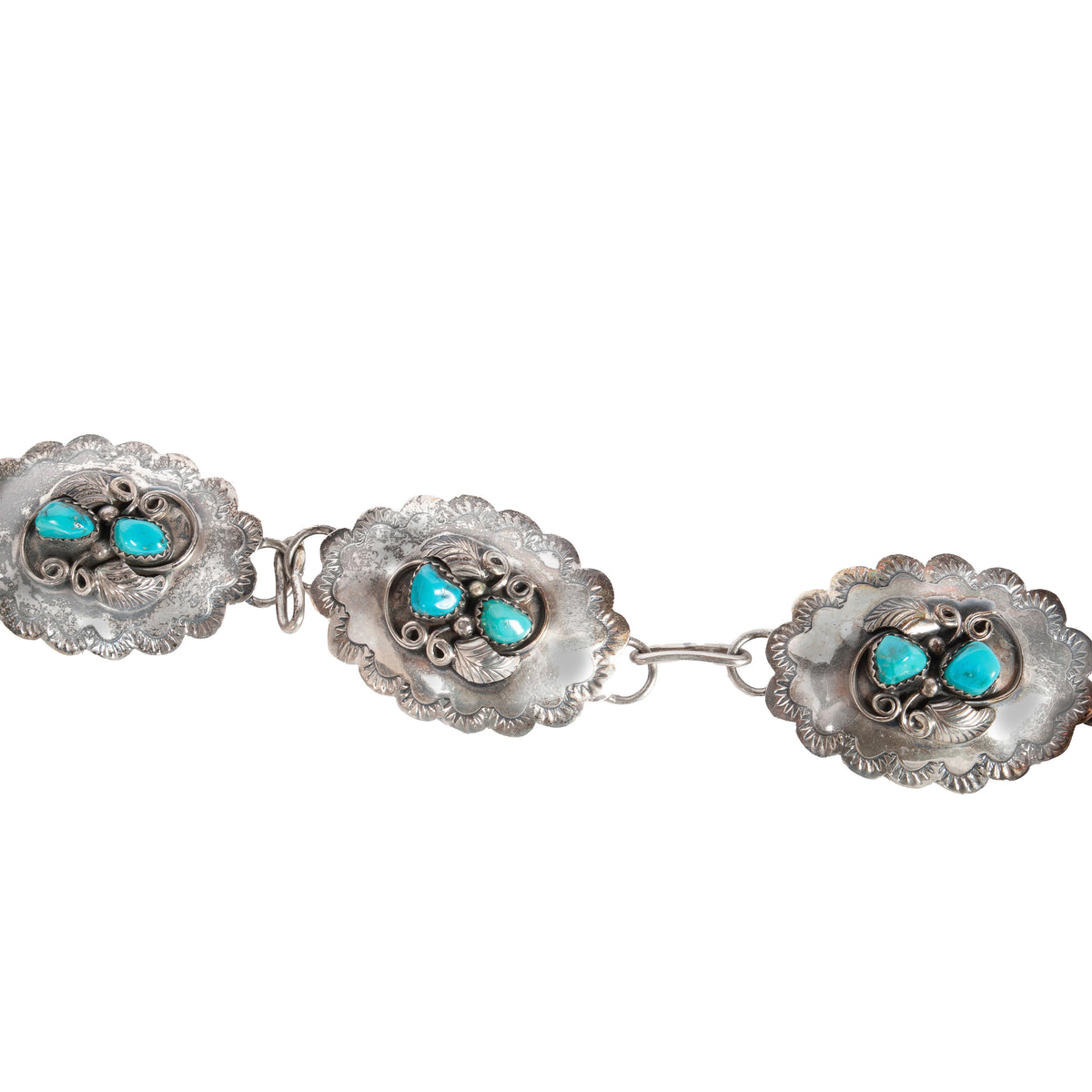 Vintage Native American Navajo Sterling Silver & Blue Turquoise Concho Belt 1950