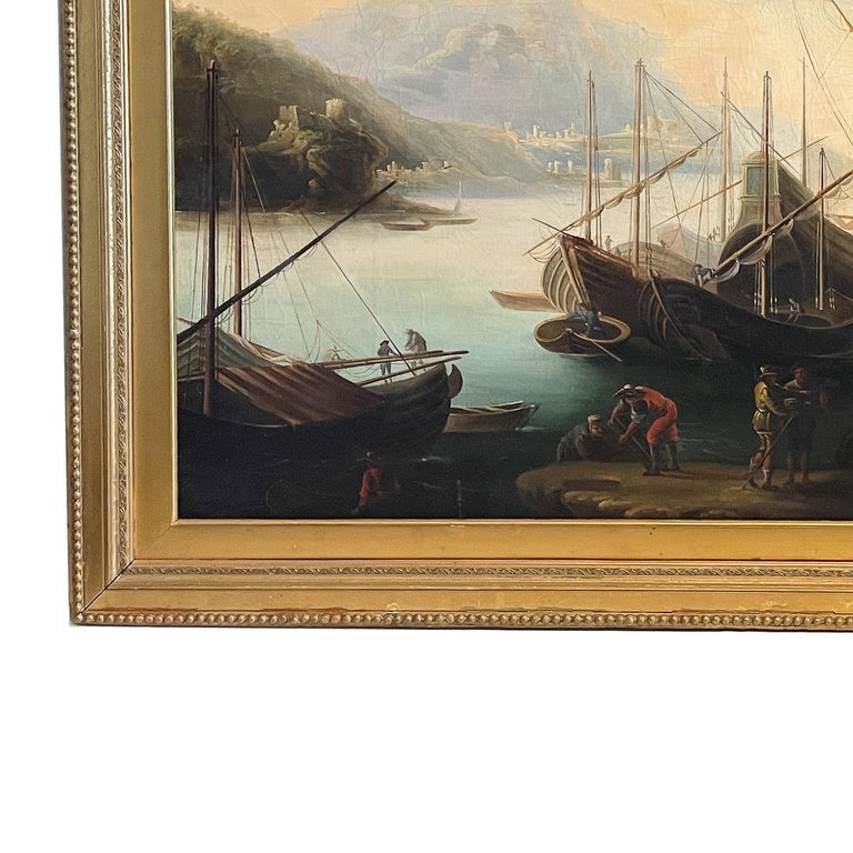 Large 17th Century Italian Oil on Canvas Ships Seascape Painting "Marina delle torri" the Circle of Salvator Rosa, 1660