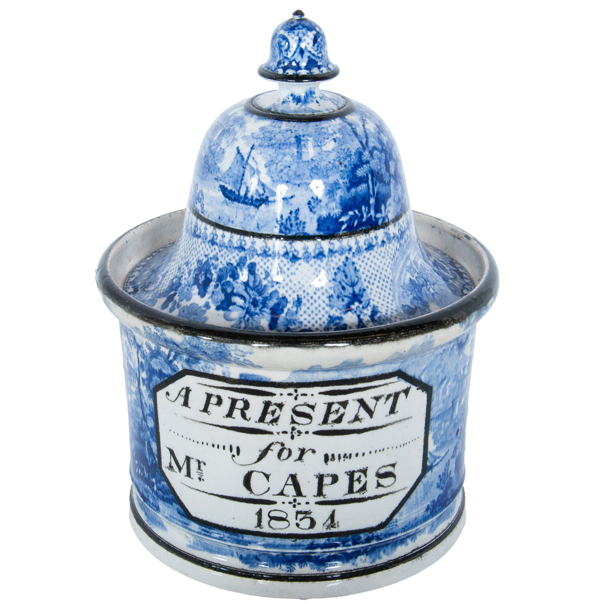 Antique Blue & White Pearlware Pottery Humidor "A Present for Mr. Capes 1834"