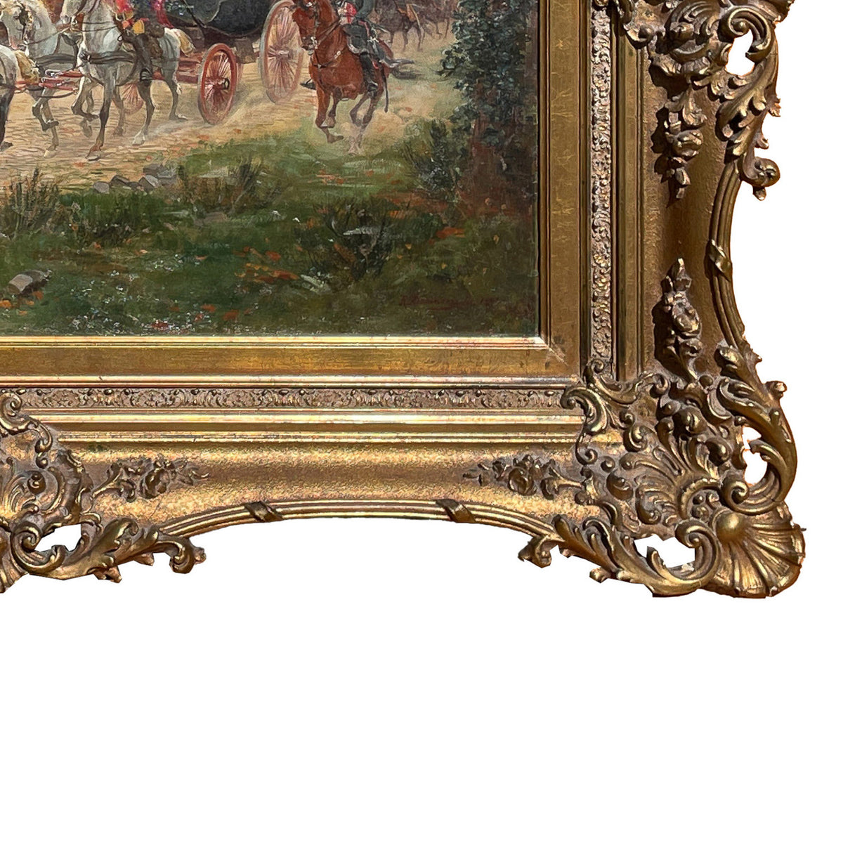 Antique French War Oil Painting Napoleon With His Army Generals Horse & Carriage by Raymond Desvarreux, 1906