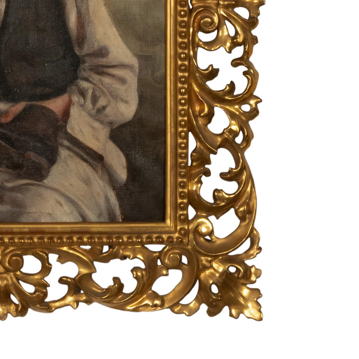 Antique Italian Genre Scene Oil Painting "Shoe Shiner" Cobbler by Ezio Ricci Gilded Florentine Frame, Circa 1910