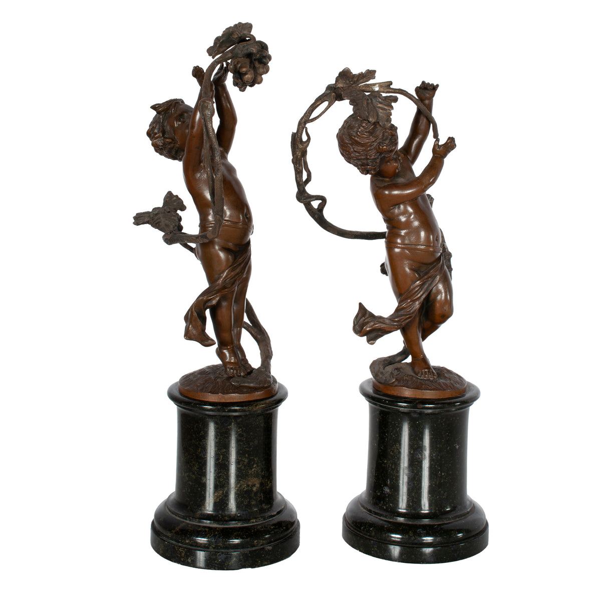 Antique Pair Napoleon III French Bronze Marble Putti Cherubs Wine Grape Bacchus Statues 1860
