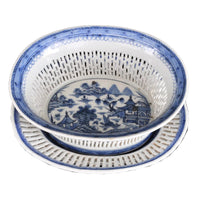Antique Chinese Qing Dynasty Blue & White Reticulated Serving Bowl and Underplate, Circa 1800