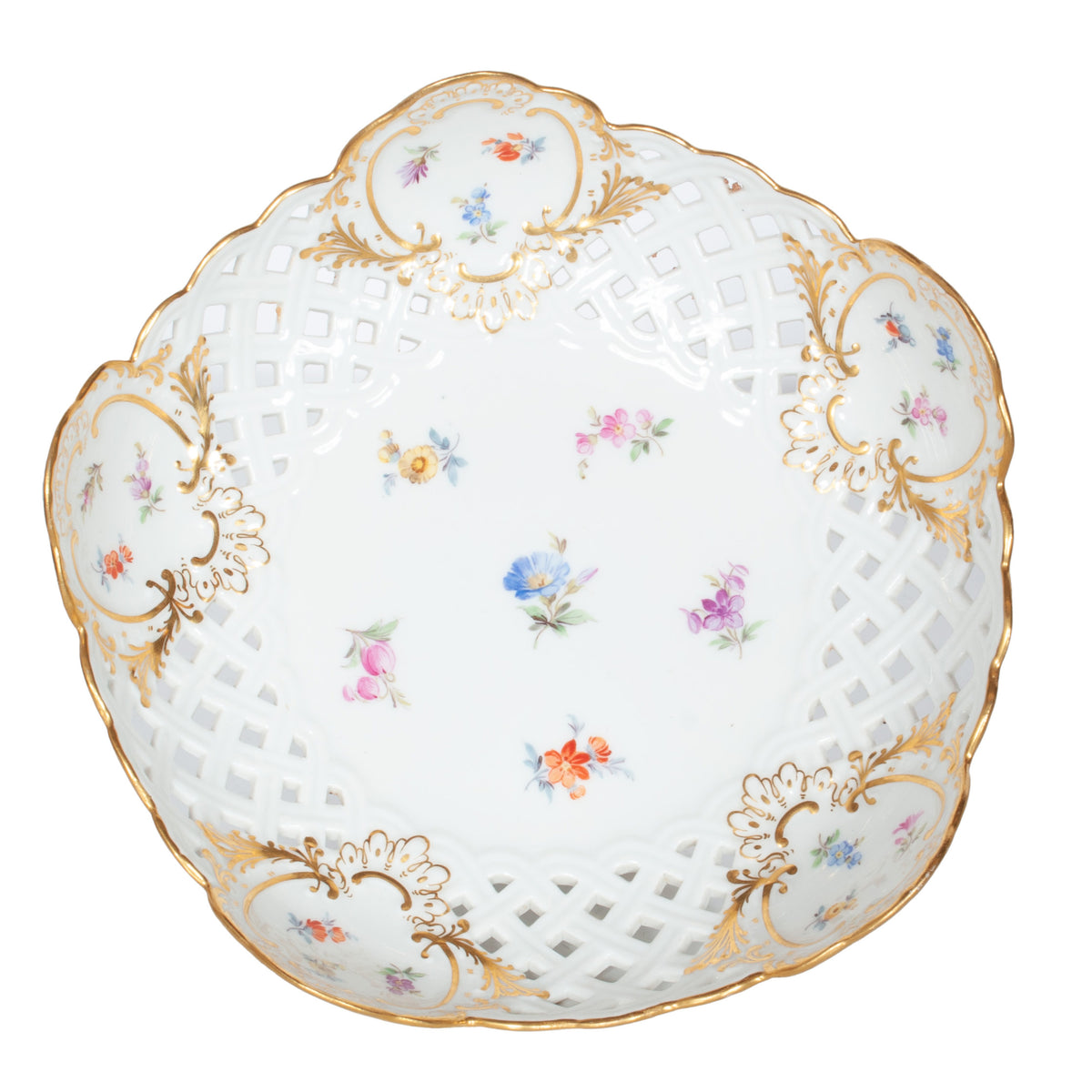 Pair Antique German Meissen Porcelain Openwork Compotes Footed Gilt Floral Bowls