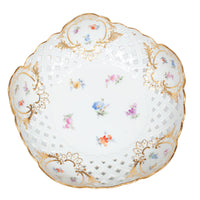 Pair Antique German Meissen Porcelain Openwork Compotes Footed Gilt Floral Bowls