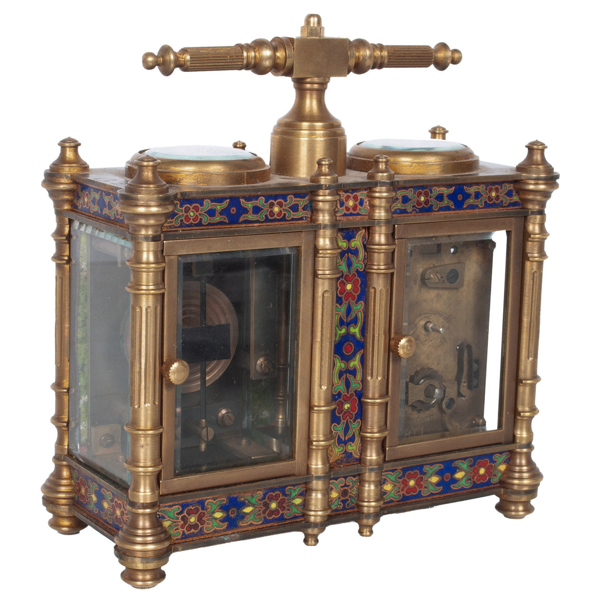 Antique French Brass & Champleve Combination Desk Carriage Clock Barometer 1900