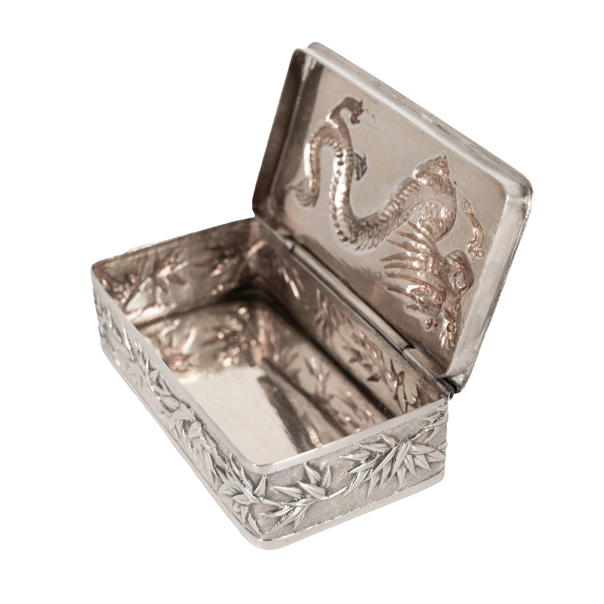 Antique Chinese Qing Dynasty Export Silver Gilt Dragon Snuff Box Wang Hing 1900