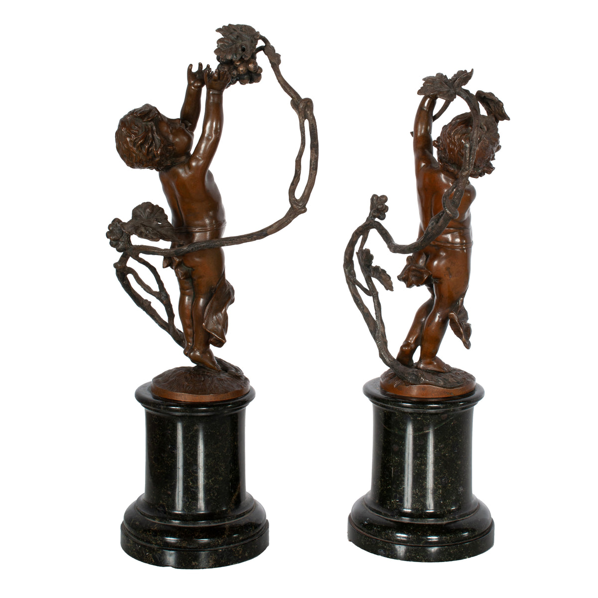 Antique Pair Napoleon III French Bronze Marble Putti Cherubs Wine Grape Bacchus Statues 1860