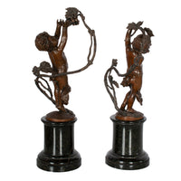 Antique Pair Napoleon III French Bronze Marble Putti Cherubs Wine Grape Bacchus Statues 1860