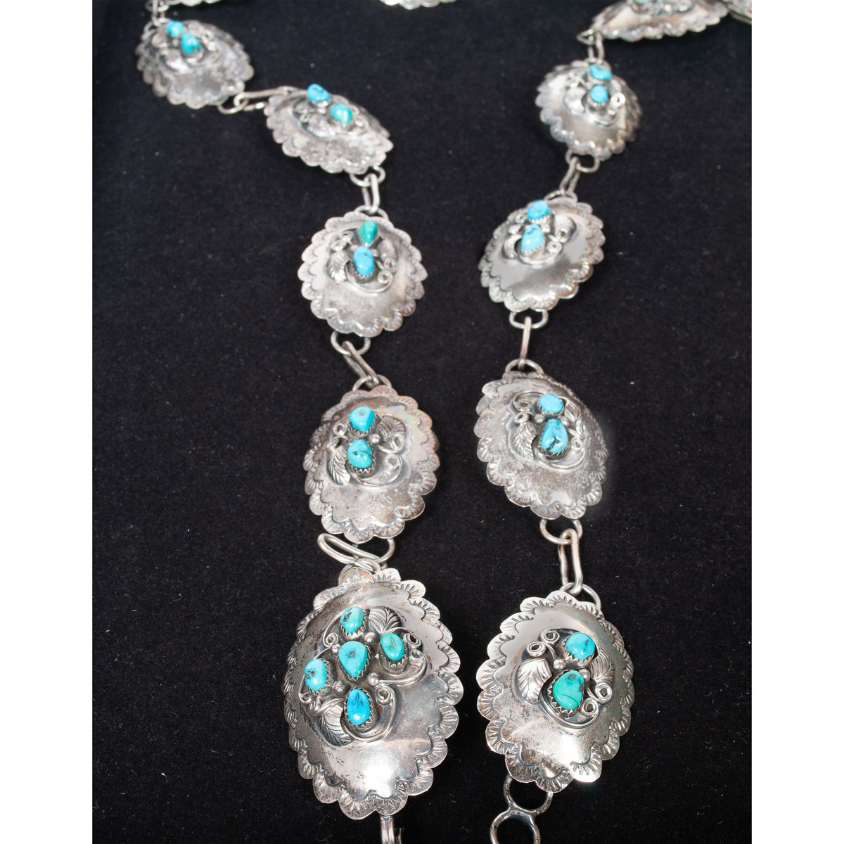 Vintage Native American Navajo Sterling Silver & Blue Turquoise Concho Belt 1950