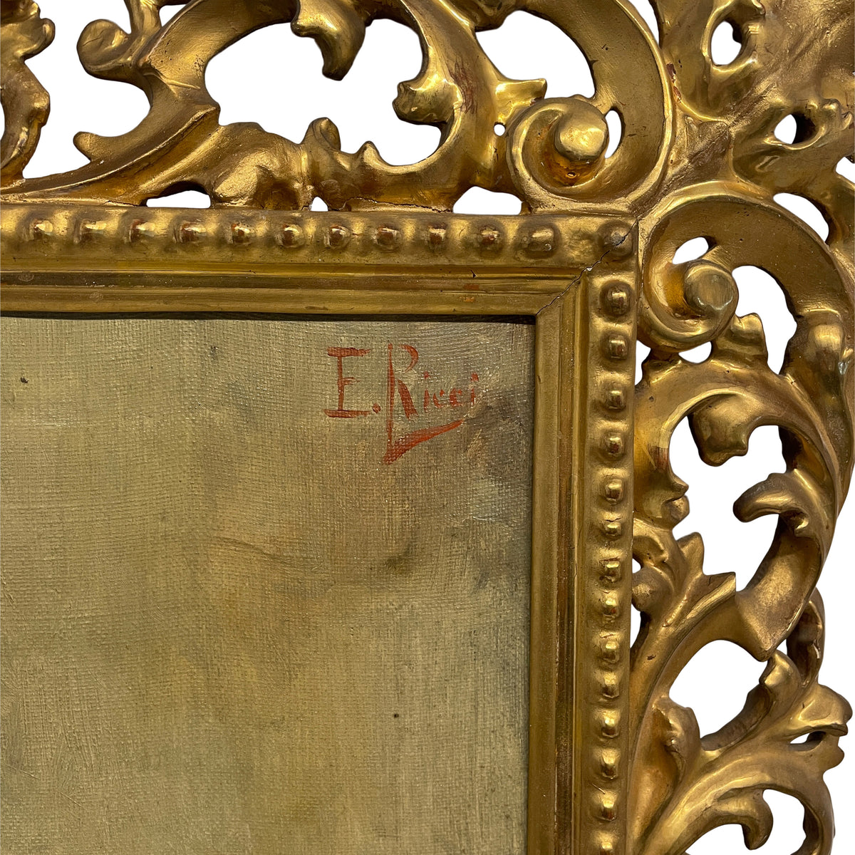 Antique Italian Genre Scene Oil Painting "Shoe Shiner" Cobbler by Ezio Ricci Gilded Florentine Frame, Circa 1910