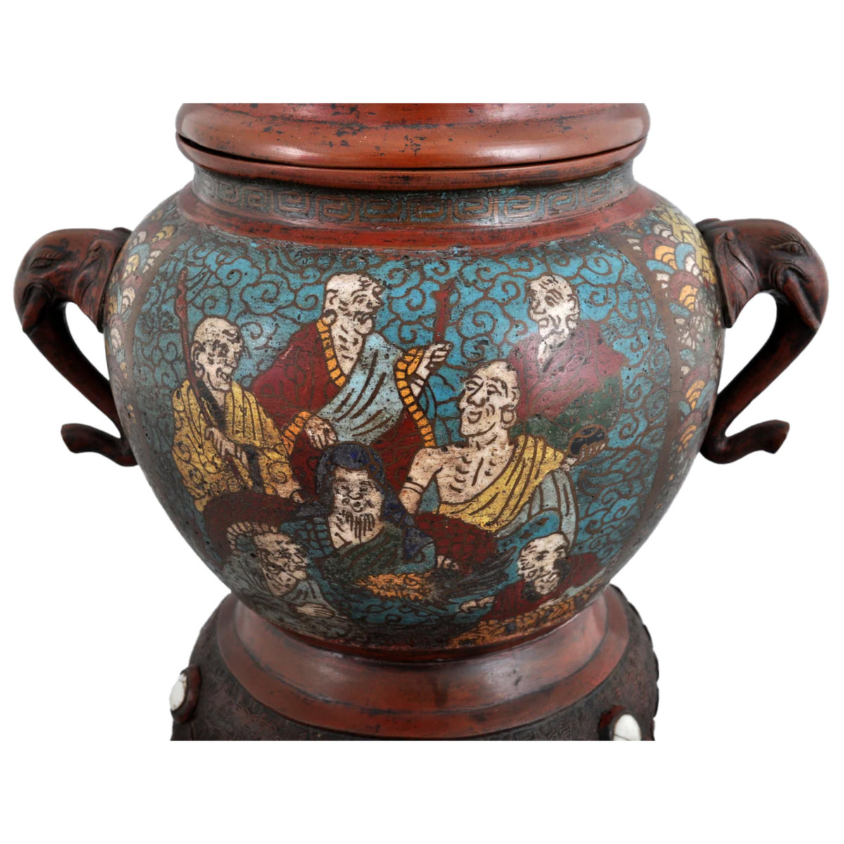 Antique Chinese Qing Dynasty Archaic Style Bronze Enamel Champlevé Censer / Incense Burner, Circa 1880