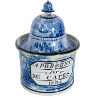 Antique Blue & White Pearlware Pottery Humidor "A Present for Mr. Capes 1834"