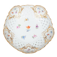 Pair Antique German Meissen Porcelain Openwork Compotes Footed Gilt Floral Bowls
