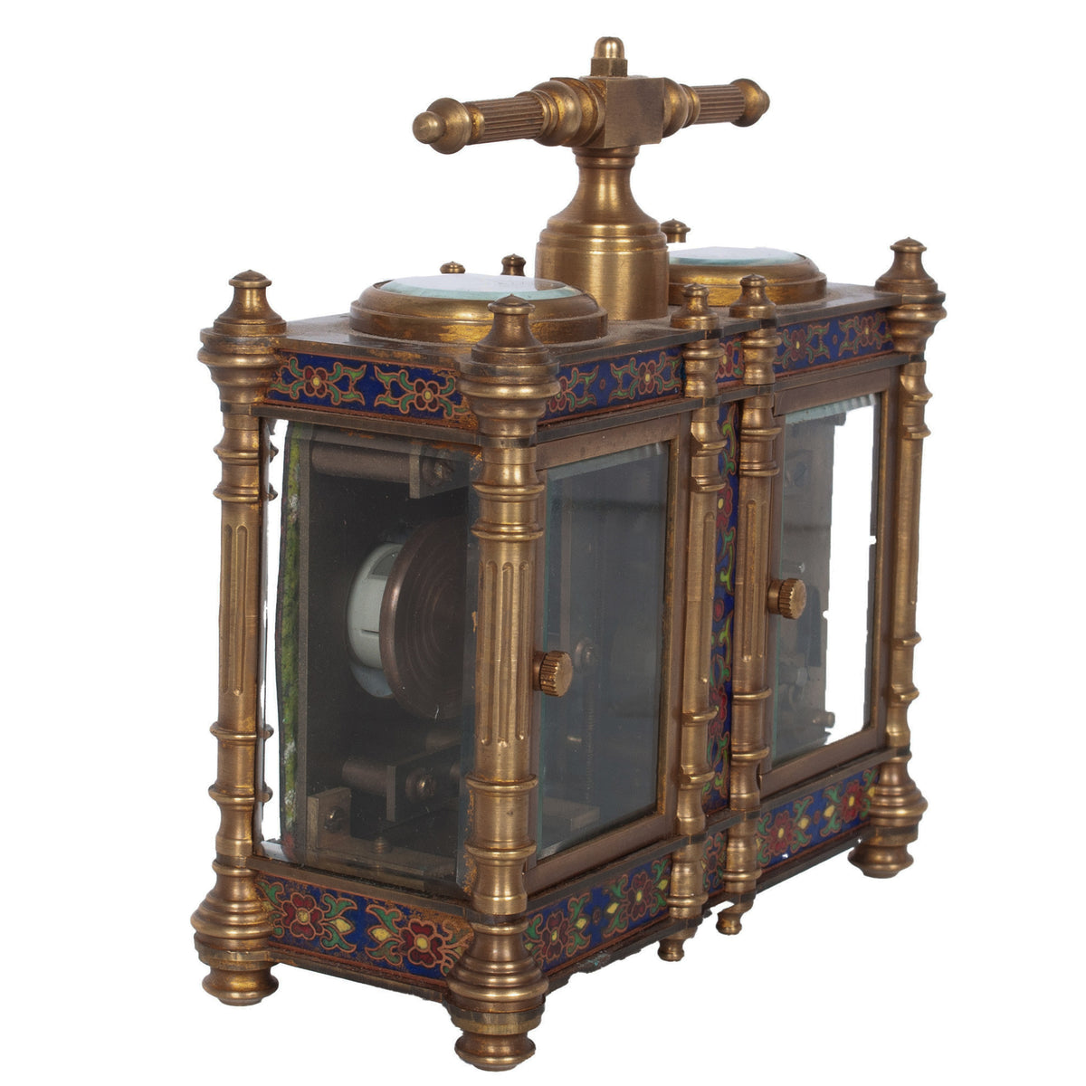 Antique French Brass & Champleve Combination Desk Carriage Clock Barometer 1900