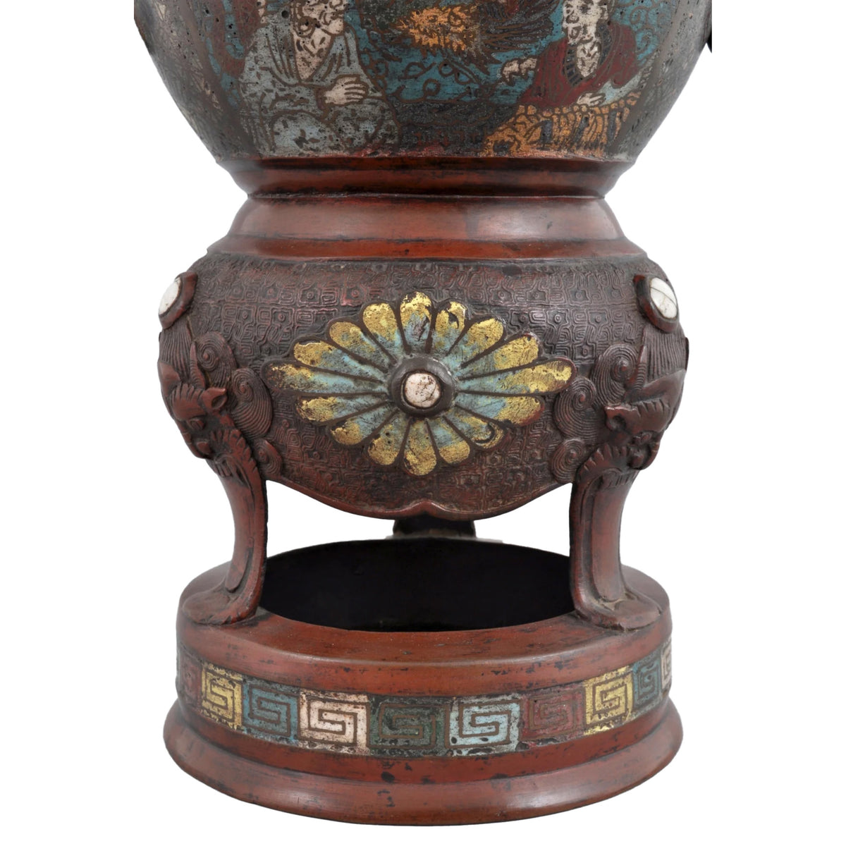 Antique Chinese Qing Dynasty Archaic Style Bronze Enamel Champlevé Censer / Incense Burner, Circa 1880