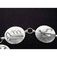 MCM Native American Navajo Silver Engraved Storyteller Concho Belt Willie Yazzie circa 1960