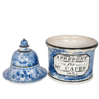 Antique Blue & White Pearlware Pottery Humidor "A Present for Mr. Capes 1834"