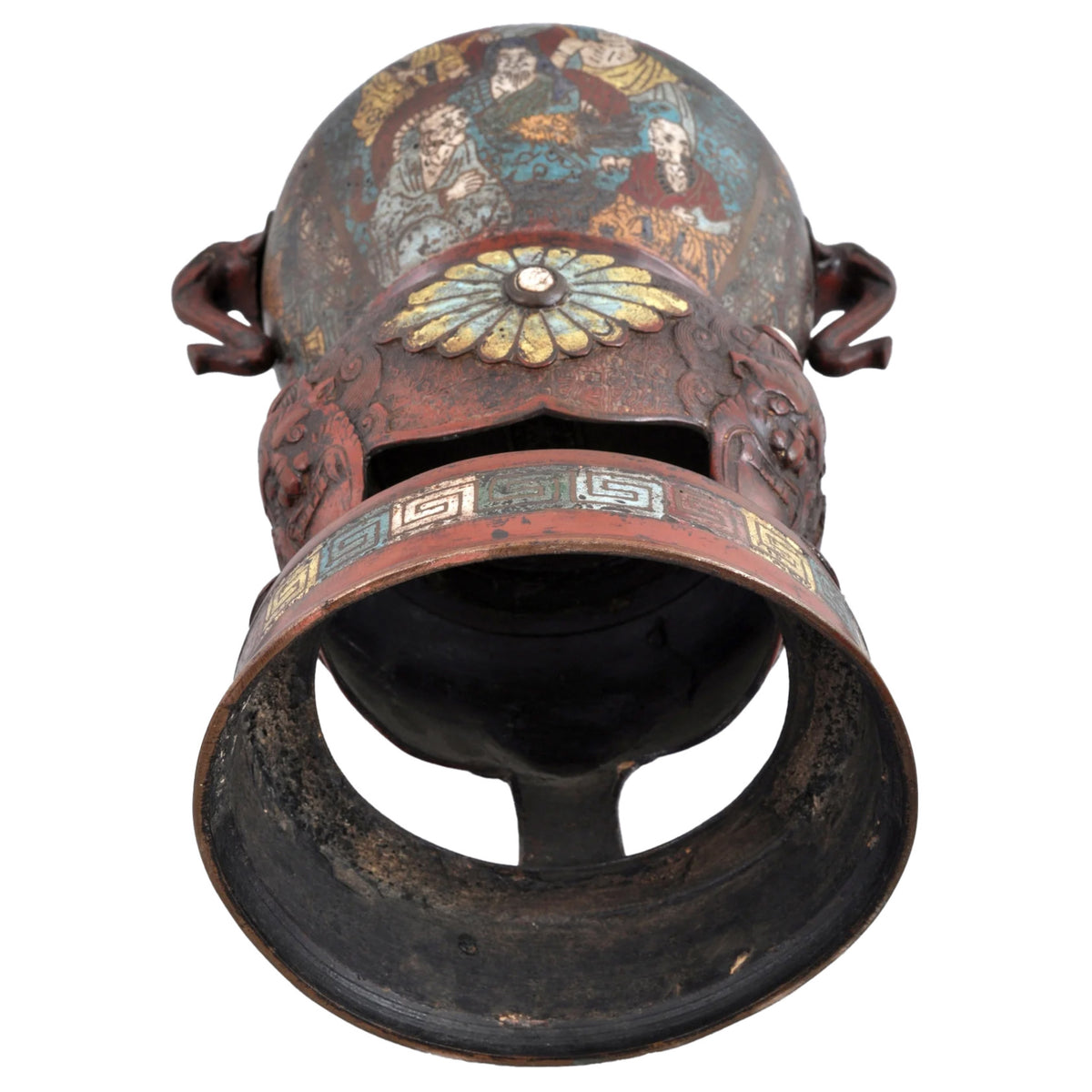 Antique Chinese Qing Dynasty Archaic Style Bronze Enamel Champlevé Censer / Incense Burner, Circa 1880