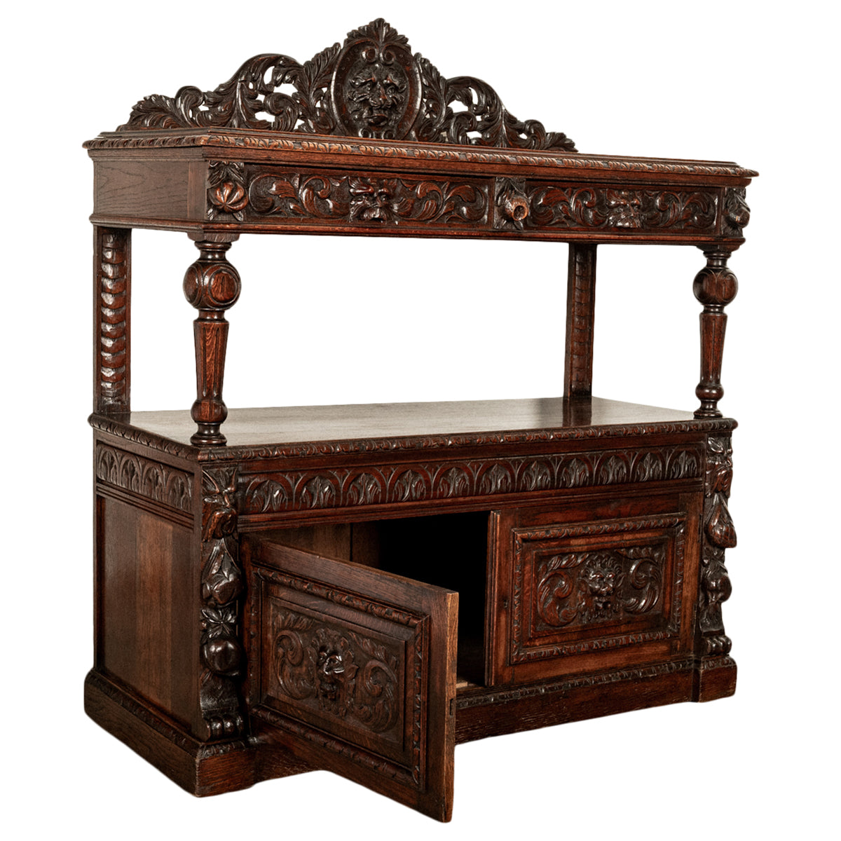 Antique Scottish Carved Oak Renaissance Revival Wine Server Buffet Sideboard