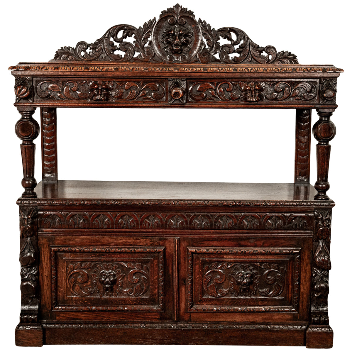 Antique Scottish Carved Oak Renaissance Revival Wine Server Buffet Sideboard