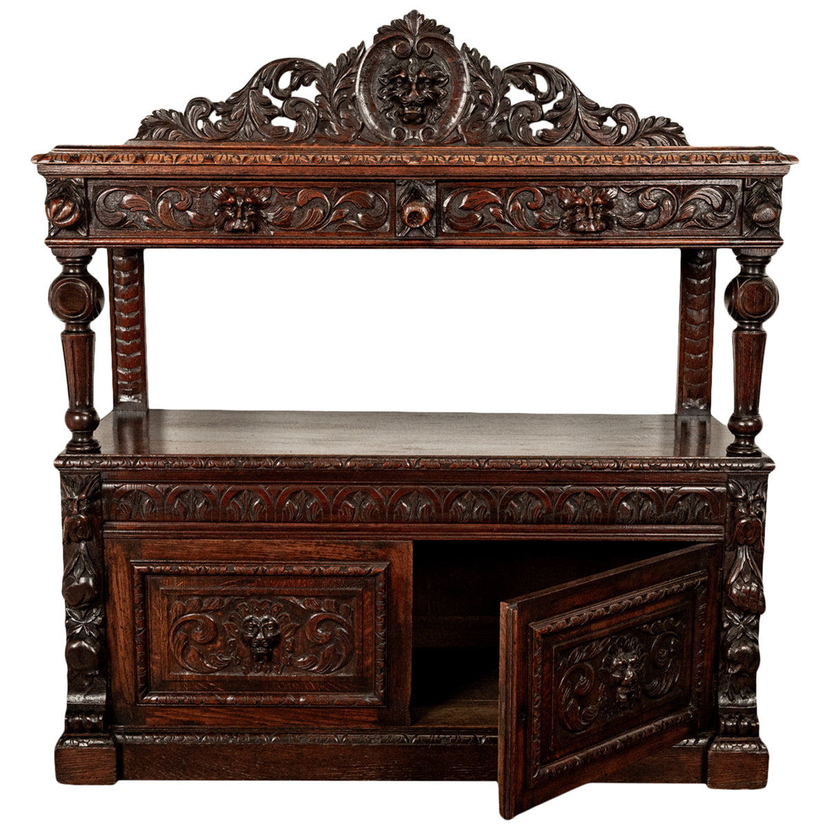 Antique Scottish Carved Oak Renaissance Revival Wine Server Buffet Sideboard