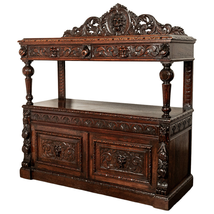 Antique Scottish Carved Oak Renaissance Revival Wine Server Buffet Sideboard