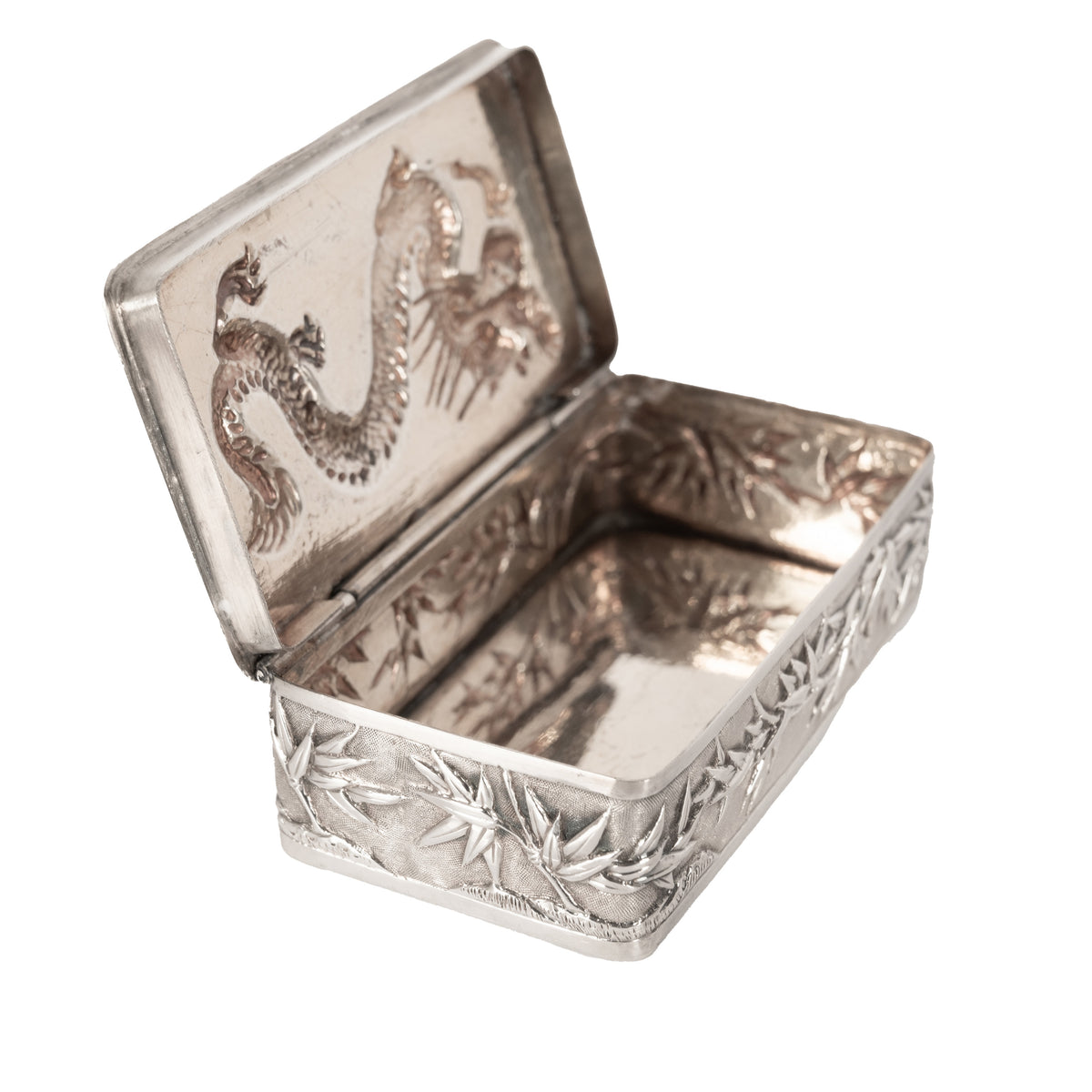 Antique Chinese Qing Dynasty Export Silver Gilt Dragon Snuff Box Wang Hing 1900