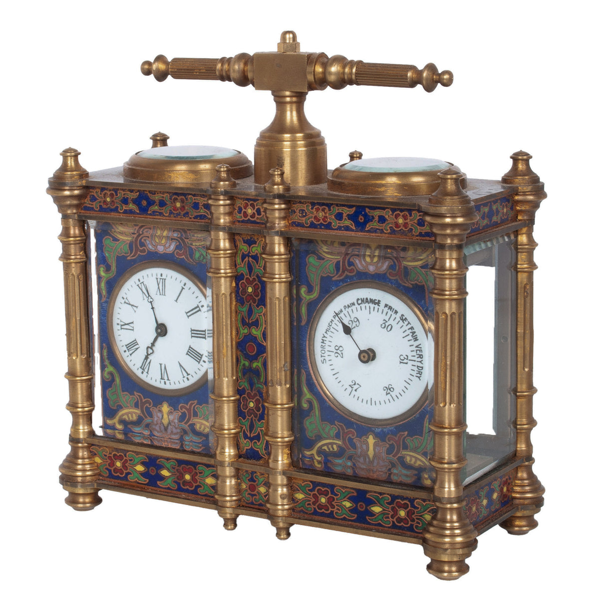 Antique French Brass & Champleve Combination Desk Carriage Clock Barometer 1900
