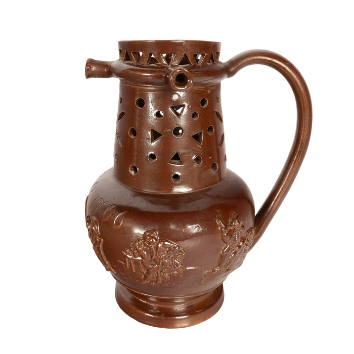 Antique English 18th Century English Brown Stoneware Puzzle Jug Nottingham 1706