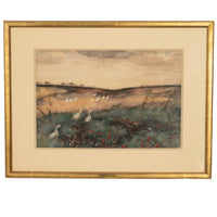 Russian French Impressionist Watercolor Gouache Landscape with Geese Painting by Pyotr Alexandrovich Nilus 1930