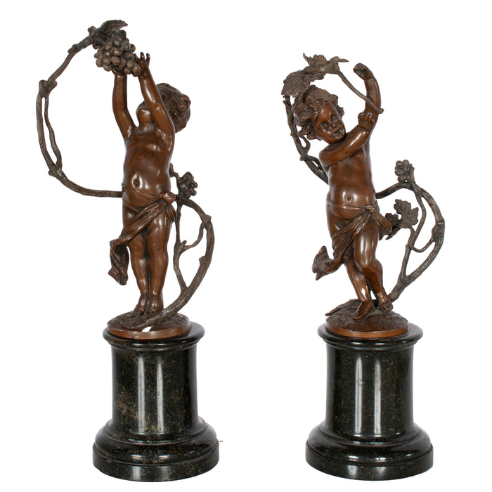 Antique Pair Napoleon III French Bronze Marble Putti Cherubs Wine Grape Bacchus Statues 1860