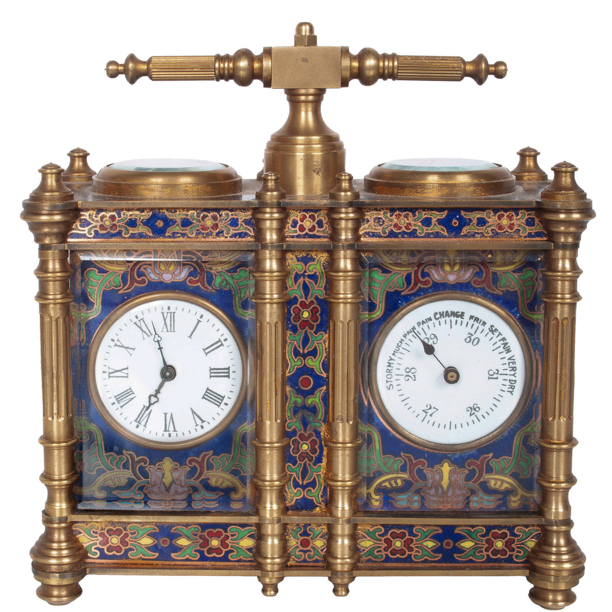 Antique French Brass & Champleve Combination Desk Carriage Clock Barometer 1900