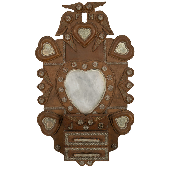 Antique American Tramp Art Wall Pocket Mirror by John Zadora Pennsylvania 1910