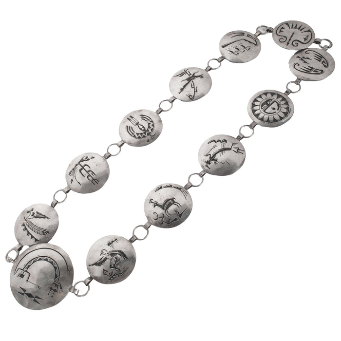 MCM Native American Navajo Silver Engraved Storyteller Concho Belt Willie Yazzie circa 1960