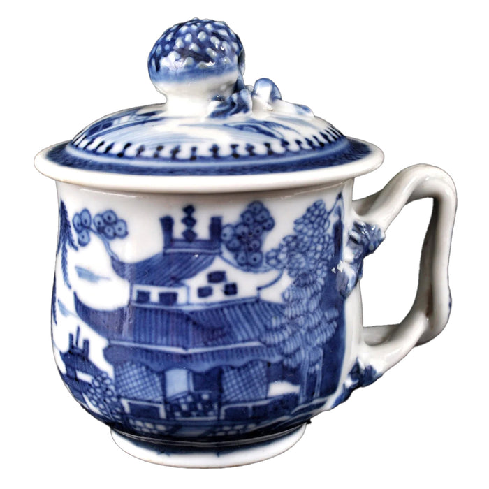 Antique Chinese Qinq Dynasty Canton Blue & White Porcelain Pot de Creme, Circa 1820
