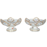 Pair Antique German Meissen Porcelain Openwork Compotes Footed Gilt Floral Bowls