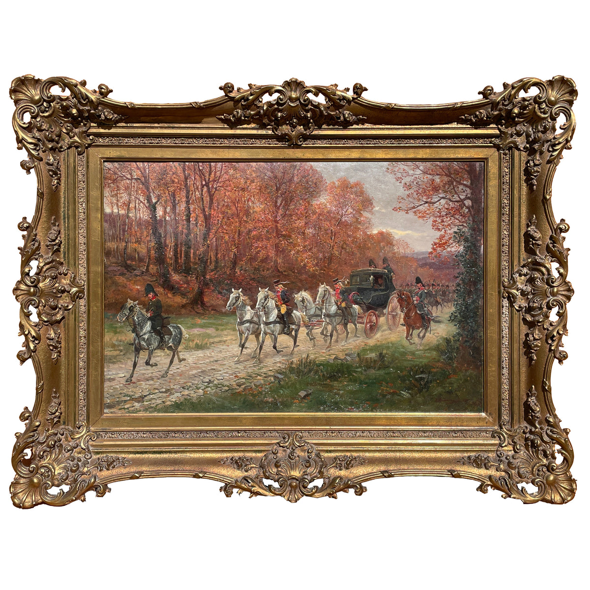 Antique French War Oil Painting Napoleon With His Army Generals Horse & Carriage by Raymond Desvarreux, 1906