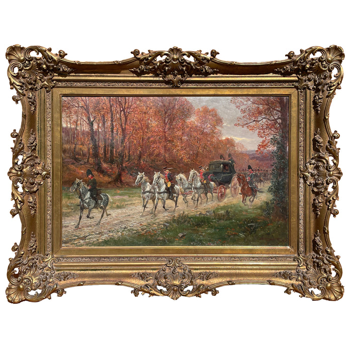 Antique French War Oil Painting Napoleon With His Army Generals Horse & Carriage by Raymond Desvarreux, 1906