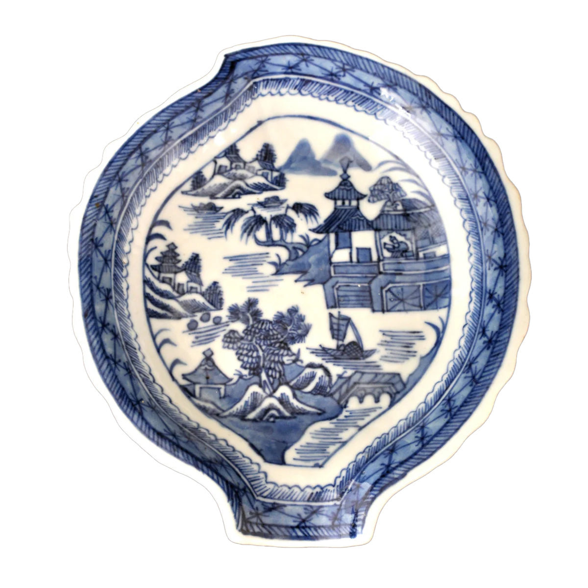 Antique Chinese Qing Dynasty Canton Blue & White Porcelain Brush Holder/Plate, Circa 1840