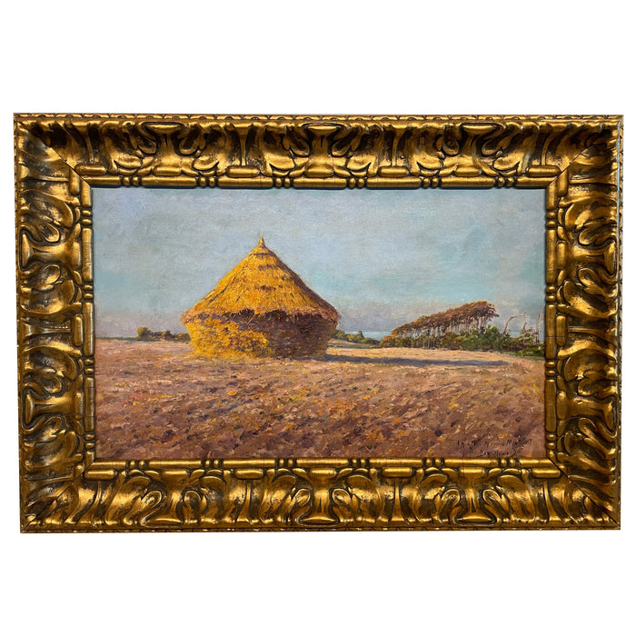 Antique French Post Impressionist Oil Painting Haystack Farm Pastoral Landscape by Max Bouvet 1890