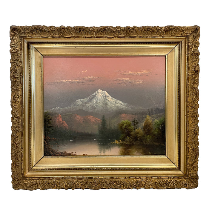 Antique American Realist Oil Painting Landscape Mount Hood at Sunset Oregon by Eliza Barchus, 1900