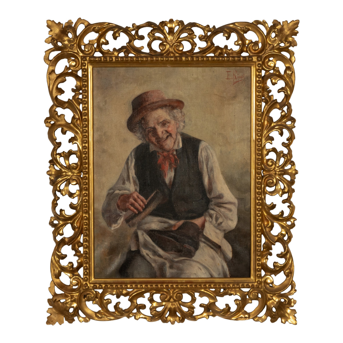 Antique Italian Genre Scene Oil Painting "Shoe Shiner" Cobbler by Ezio Ricci Gilded Florentine Frame, Circa 1910