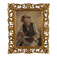 Antique Italian Genre Scene Oil Painting "Shoe Shiner" Cobbler by Ezio Ricci Gilded Florentine Frame, Circa 1910
