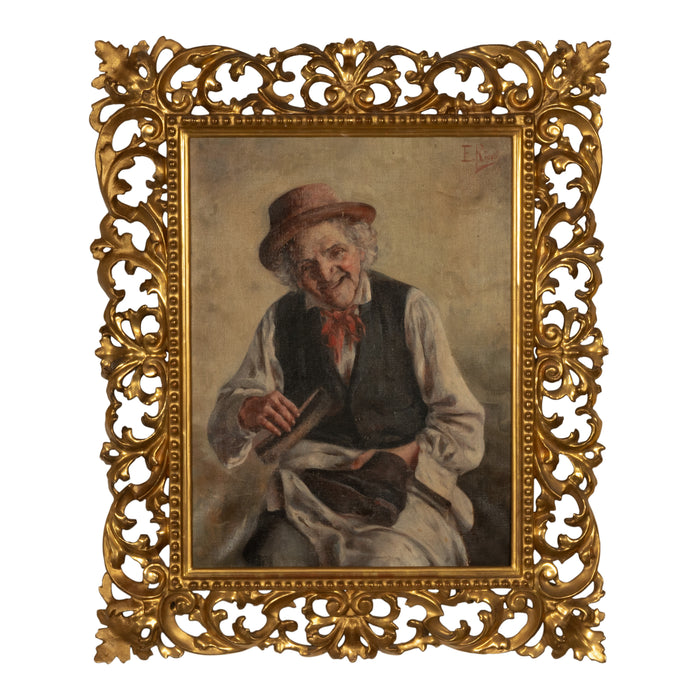 Antique Italian Genre Scene Oil Painting "Shoe Shiner" Cobbler by Ezio Ricci Gilded Florentine Frame, Circa 1910