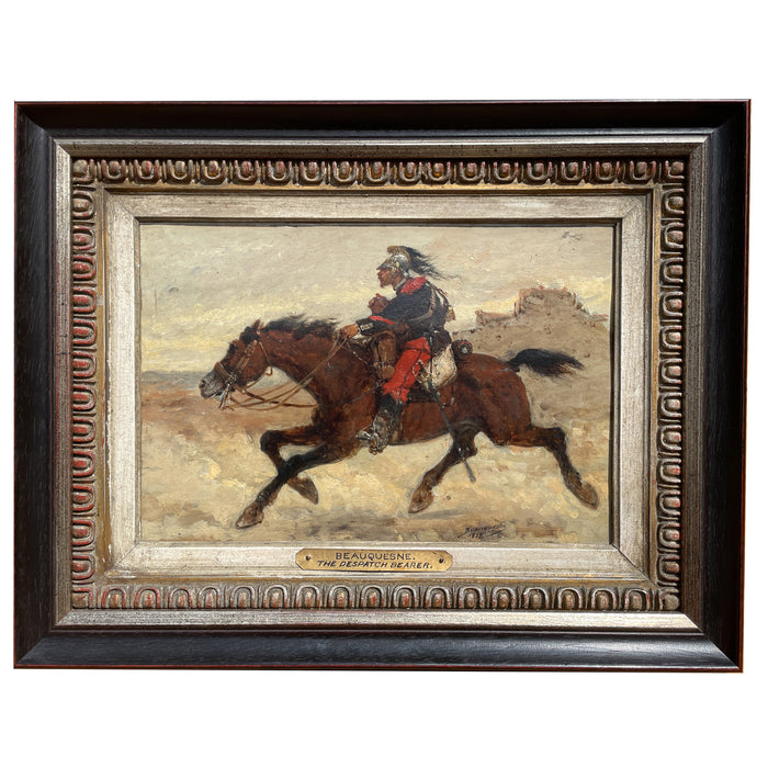 Antique French Oil Painting Army Cavarly Soldier Horse Military Despatch Bearer  by Wilfred Constant Beauquesne, 1883